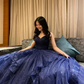 Shiny V Neck Navy Blue Tulle Long Prom Dress, Navy Blue Formal Evening Dresses Long Y4895