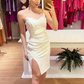White Strapless Party Dress With Leg Slit,White Homecoming Dress Y4843