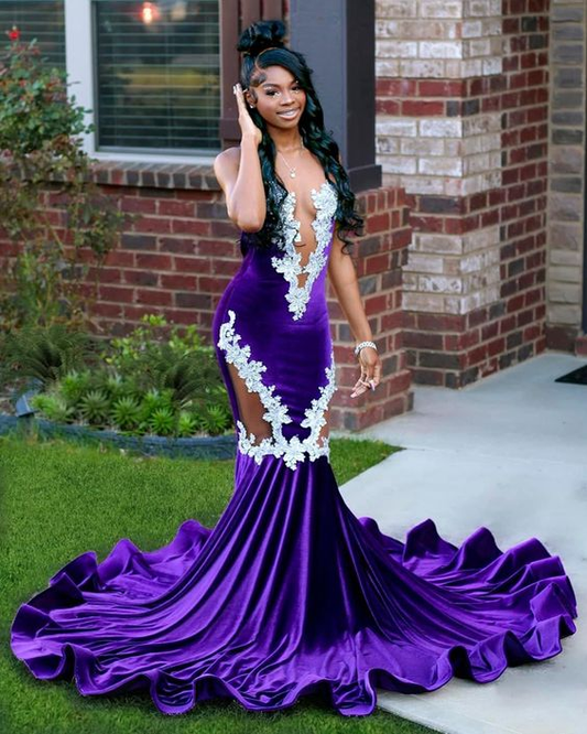 New Purple Mermaid Evening Dress With Lace Elegant Fishtail Black Girls Prom Dress Plus Size Formal Occasion Party Gowns Y6581
