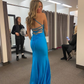 Sexy Blue Mermaid Prom Dress With Slit,Lace-up Back Evening Dress Y7305