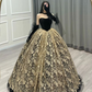 Vintage / Retro Gold Black Printing Ball Gown Corset Backless Floor-Length / Long Prom Formal Y7157