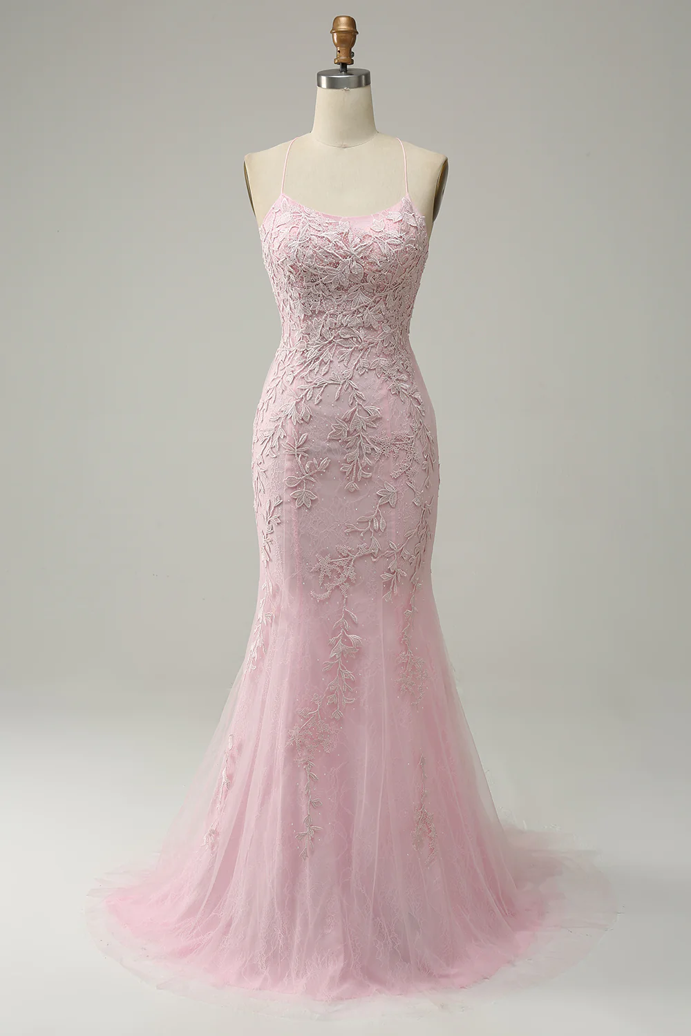 Mermaid Spaghetti Straps Light Pink Long Prom Dress with Appliques Y2316