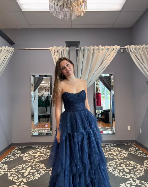 Sparkly Tulle Sequins Evening Dress,Navy Blue A Line Prom Dress Y8146