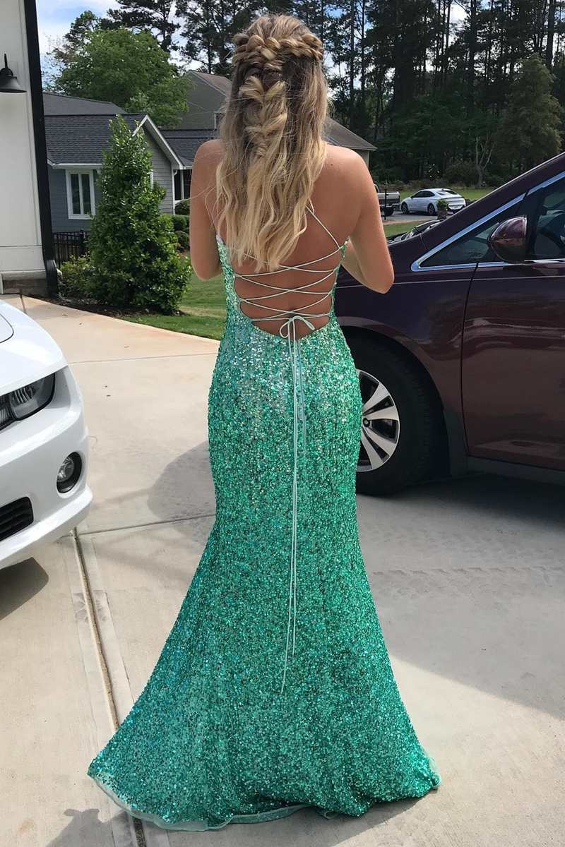 Turquoise Sequin Lace-Up Back Long Formal Prom Dress with Slit Y4143