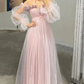 Blush Pink Off-shoulder Puffy Sleeves Tulle Princess Long Prom Dress,Special Occasion Dresses Y6275