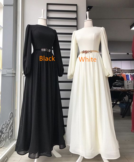 Modest Black/White Long Sleeves Prom Dress,Muslim Prom Gown Y6748