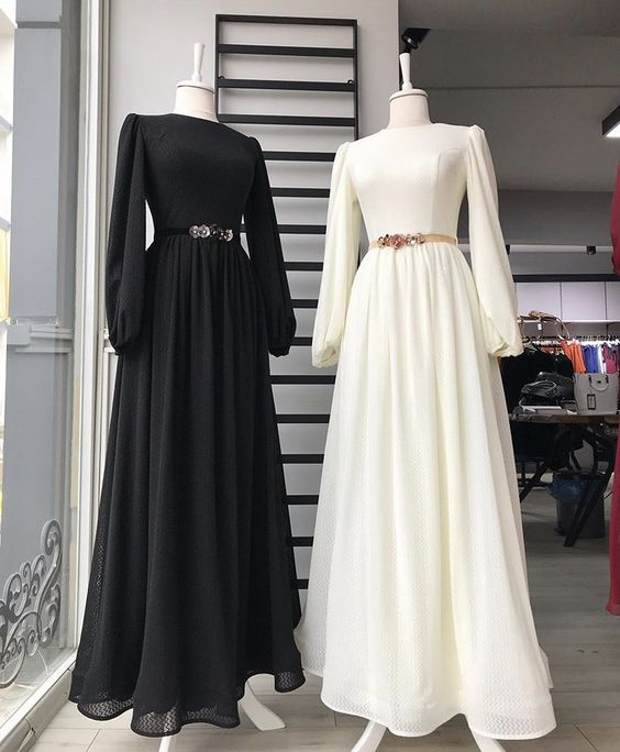 Modest Black/White Long Sleeves Prom Dress,Muslim Prom Gown Y6748