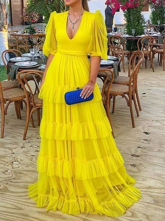 Yellow Mesh Sweet Ruffle Maxi Dress,Yellow A-line Prom Dress Y6228