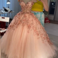 Blush Pink Flowers Applique Ball Gown,A Line Tulle Prom Dresses,Quinceanera Dresses Y388