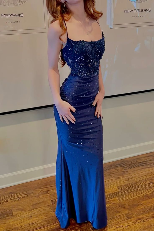 Sexy Blue Spaghetti Straps Appliques Mermaid Slit Evening Dress Prom Dress Y7827