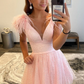 Pink A-line Tulle Deep V Neck Beaded Homecoming Dress with Feathers Y2863