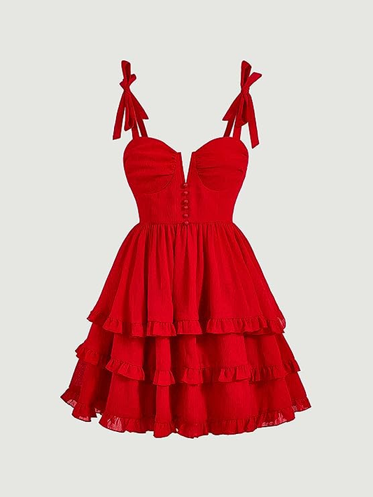 Red A-line Tie Shoulder Ruffle Hem Homecoming Dress  Y2720