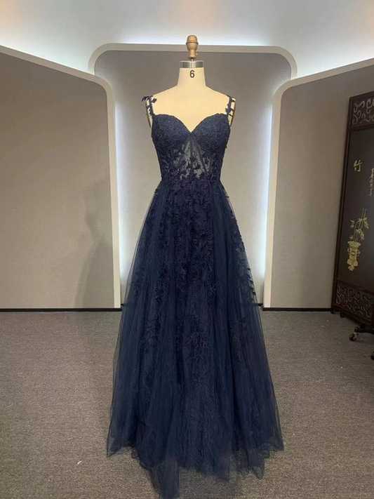 Navy Blue Long Lace Prom Dresses,Navy Blue Long Lace Formal Dress Y7423