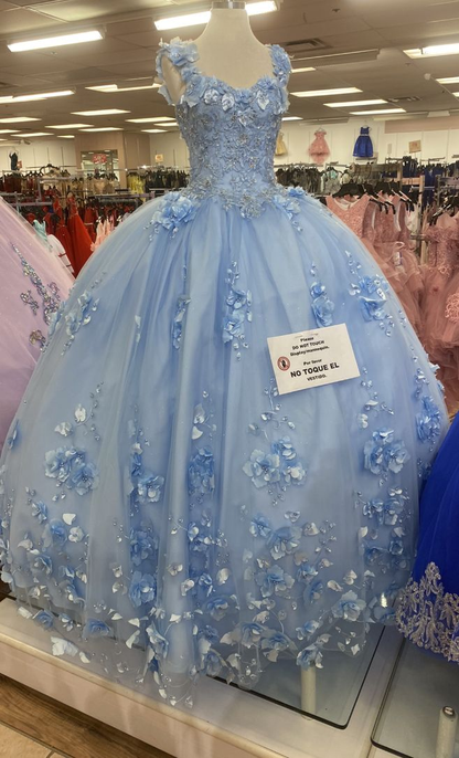 Blue Tulle Ball Gown With 3D Flowers,Blue Sweet 16 Dress,Blue Princess Dress Y2340