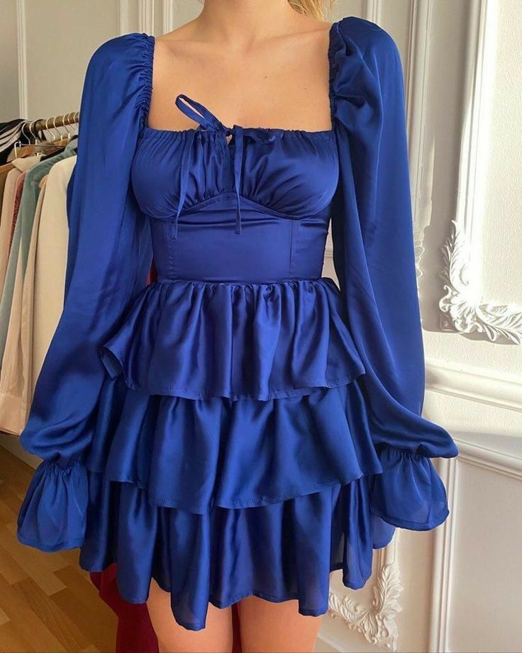 Royal Blue Square Neckline Homecoming Dress With Long Sleeves,Retro Dress,Y2467