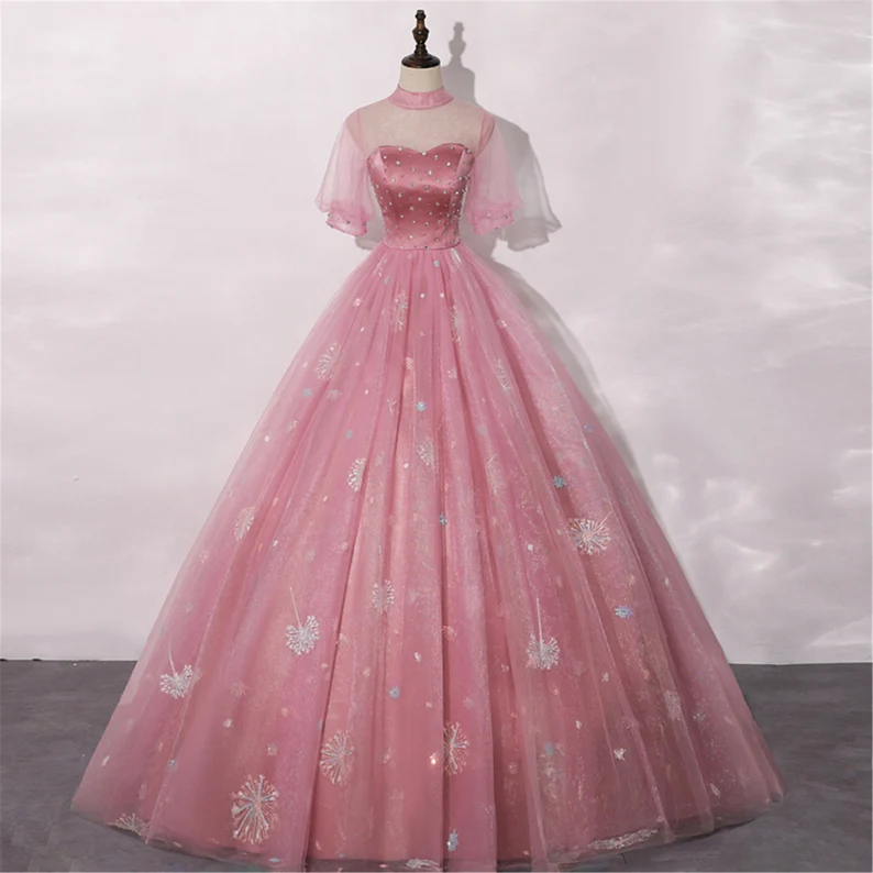 Blush Pink Quinceanera Dress Masquerade Dress A-Line Wedding Dress Floor Length High Neck Bridal Gown Short Sleeves Y2937