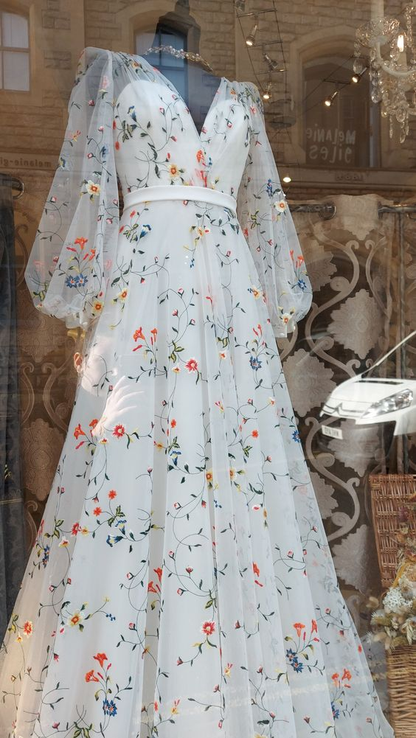 French Elegant Floral Chiffon Long Sleeve Bridal Dress ,V Neck Wedding Dress Y2065
