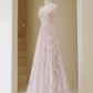Light Pink Round Neckline Lace Long Prom Dress, A-line Pink Floor Length Party Dress Y4492