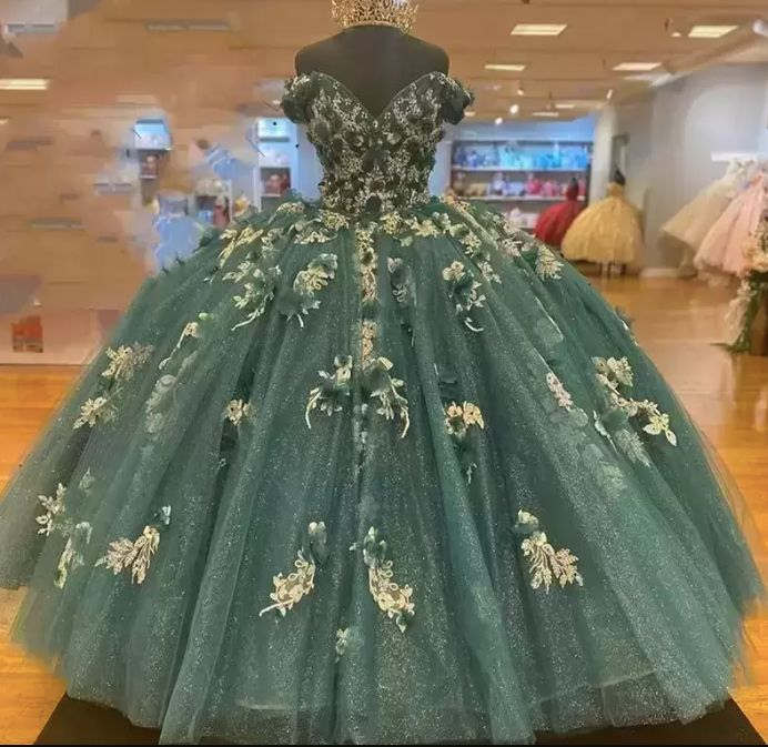 Dark Green Quinceanera Dresses Off the Shoulder Princess Pageant Ball Gown Flowers Y4432