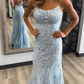 Mermaid Spaghetti Strap Floor Length Tulle Backless Applique Prom Dress Y6752