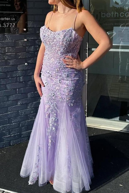 Lilac Spaghetti Straps Lace Appliques Mermaid Prom Dress Long Evening Gown Y7933