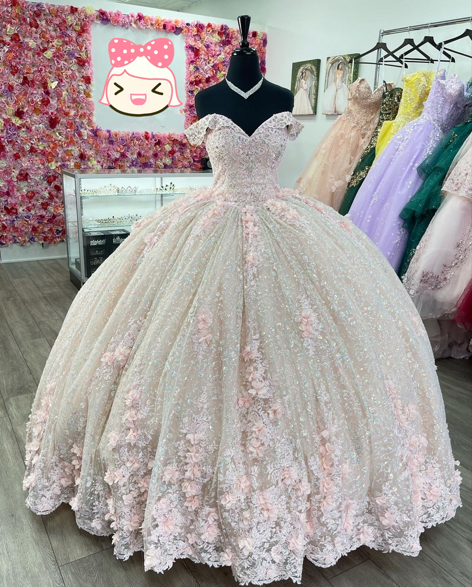 Sparkly Pink Off The Shoulder Ball Gown,Pink Princess Dress,Pink Sweet 16 Dress  Y2342