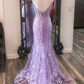 Lavender Floral Appliques Split Neck Mermaid Long Prom Dress,Y2465
