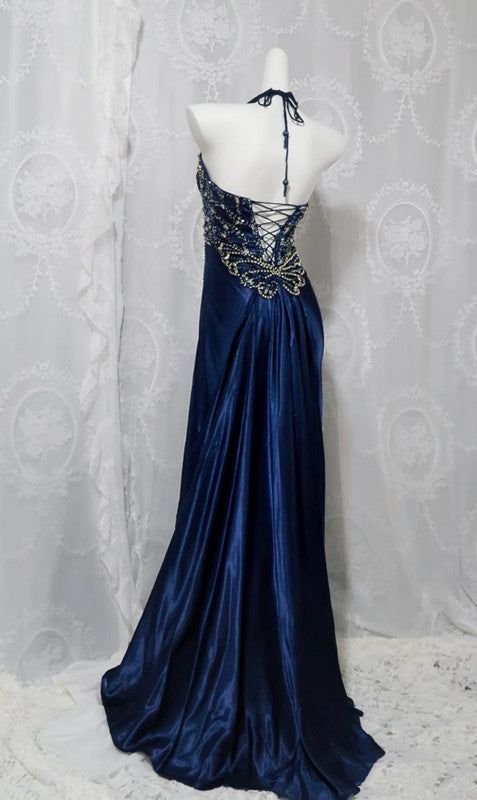 Luxury Navy Blue Beaded Slit Evening Dress Formal Prom Dress Y7723