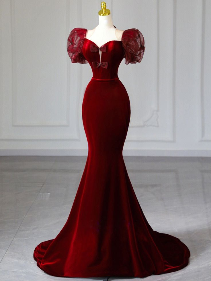 Burgundy Mermaid Velvet Puff Sleeve Bow Prom Dress Elegant Evening Dress Y7674