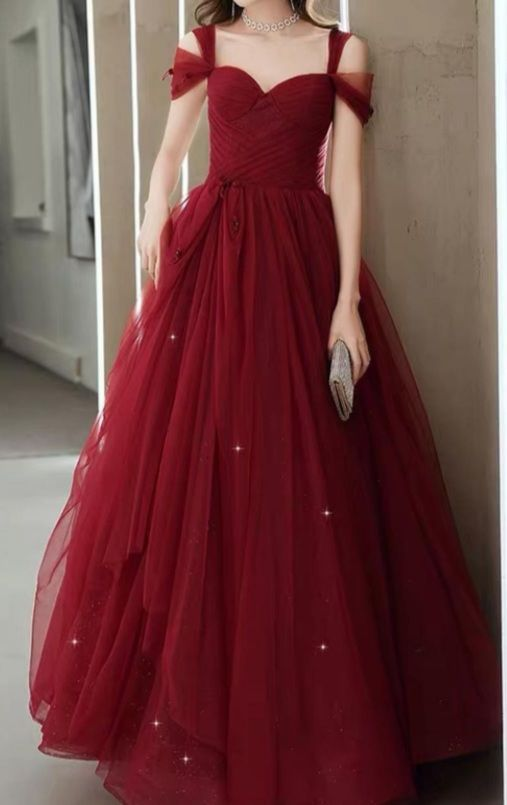 Wine Red Tulle Straps Sweetheart Long A-line Prom Dress Y6017