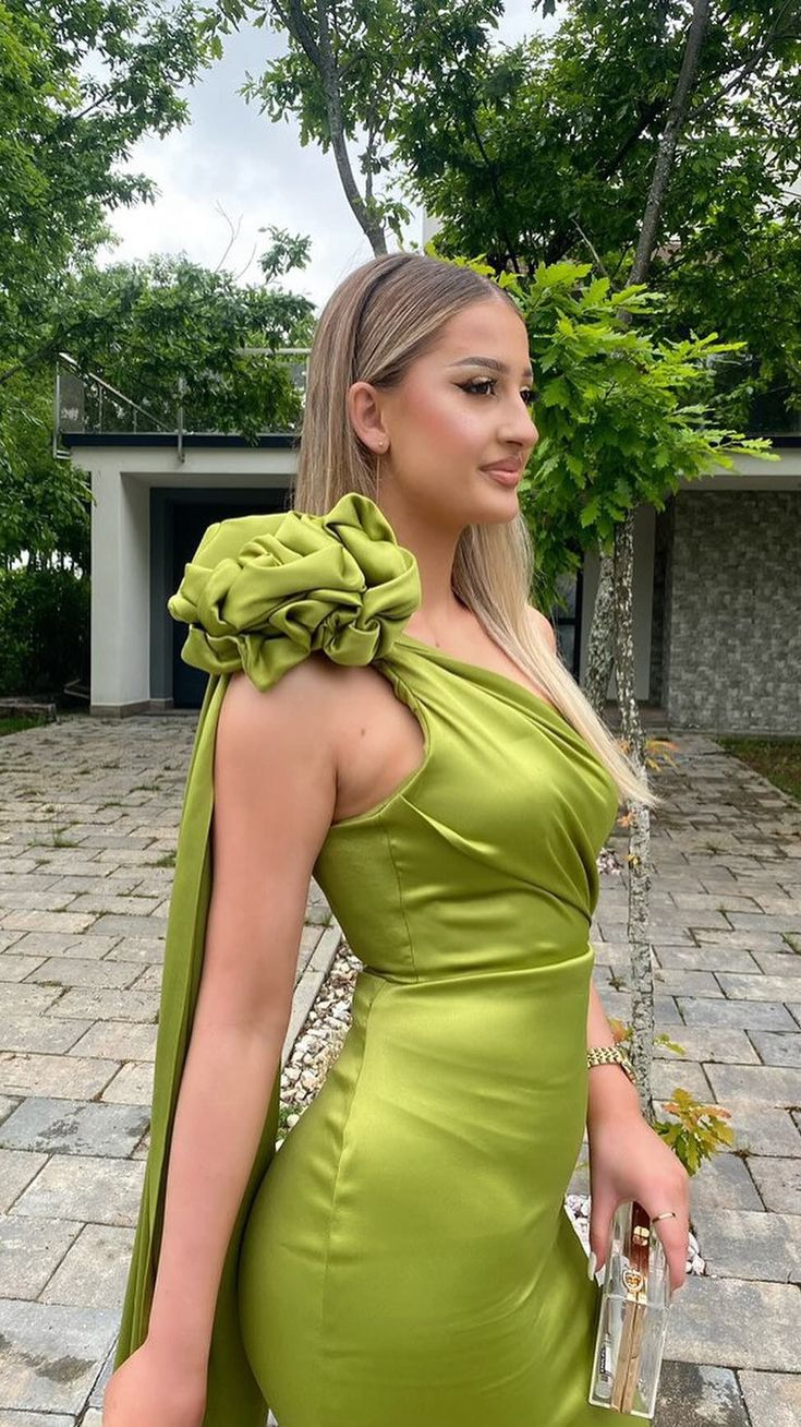 Sexy Sheath Long Party Prom Dress Olive Green One Shoulder Prom Evening Dress Y8009