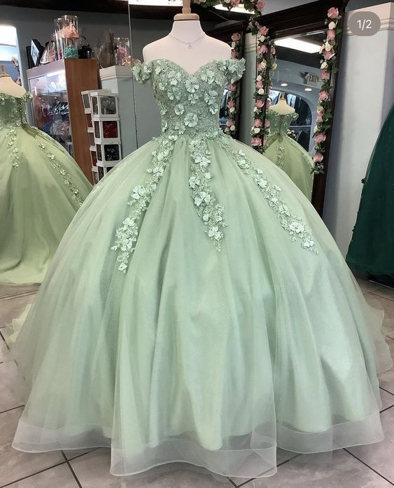 Off The Shoulder Sage Green Ball Gown With Flowers Sweet 16 Dress Quinceanera Y4342