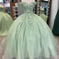 Off The Shoulder Sage Green Ball Gown With Flowers Sweet 16 Dress Quinceanera Y4342