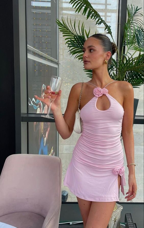Sexy Pink Mini Homecoming Dress with Rose Flowers Y2851