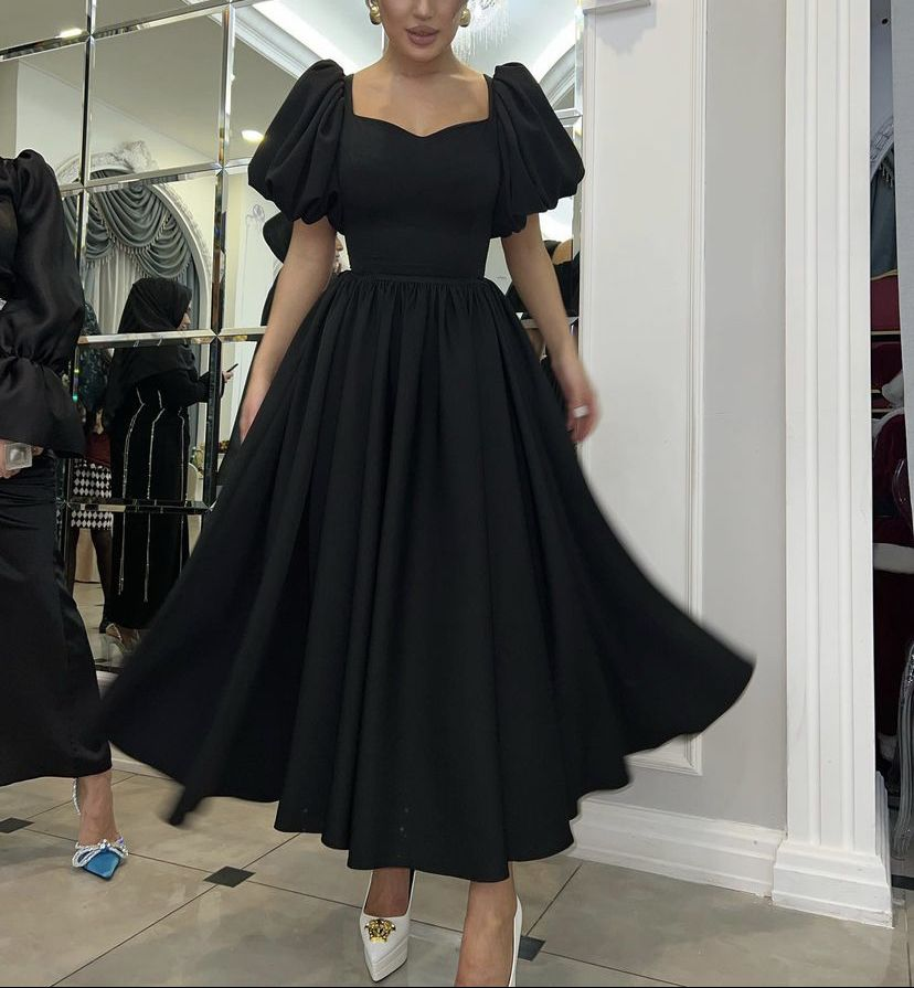 Vintage Black A-line Prom Dress with Puffy Sleeves Y4783