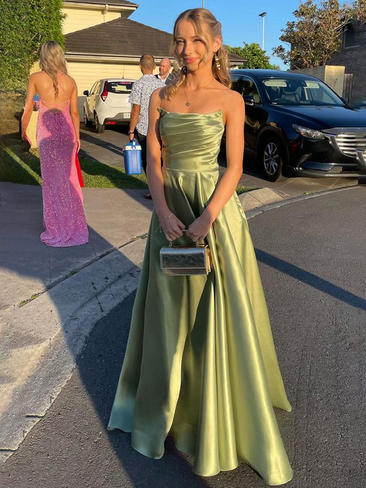 Sage Green Strapless Satin Pleated A-line Long Prom Dress Evening Gown Y7905