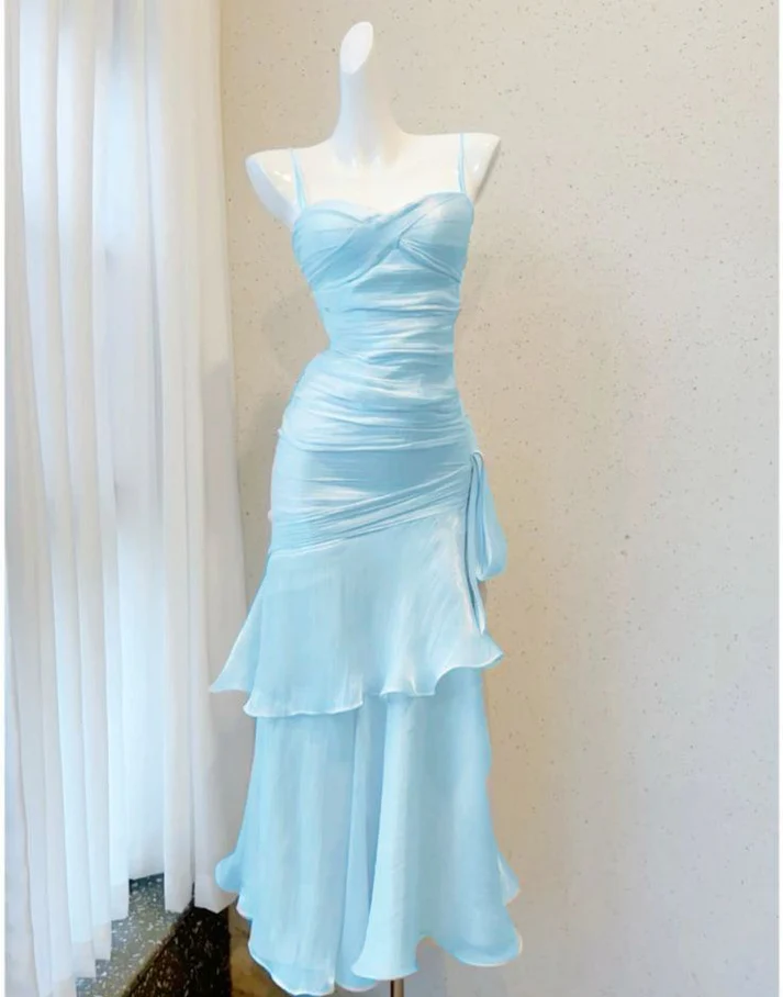 Elegant Blue Mermaid Layered Evening Dress，Spaghetti Straps Prom Dress Y8066