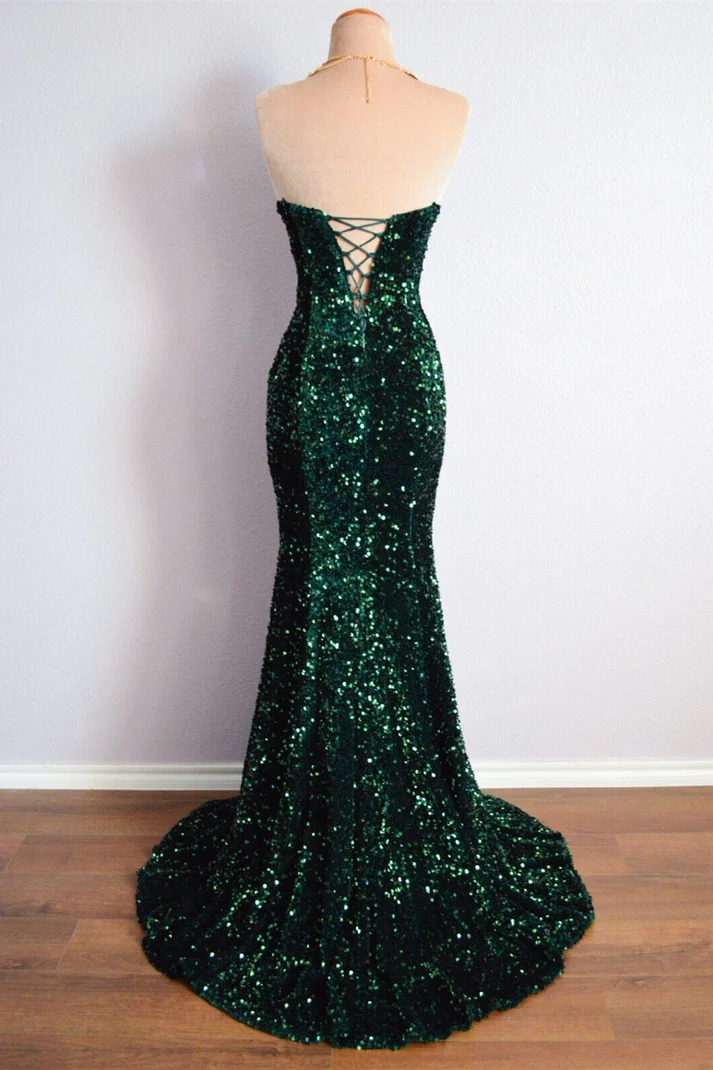 Peacock Green Mermaid Strapless Sparkly Lace-Up Long Formal Prom Dress Y4170