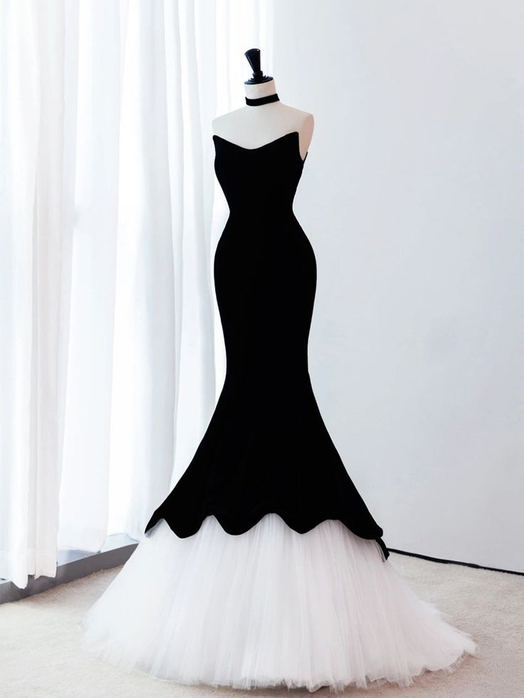 Black Mermaid Velvet Tulle Long Prom Dress, Evening Dress Y4678