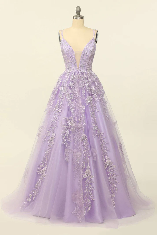 Lilac A-line V Neck Tulle Applique Lace-Up Back Long Prom Dress,Y2464