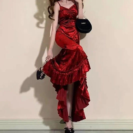 Vintage Elegant Women Spaghetti Strap Sexy Prom Dress Bodycon Slim Red Dinner Party Long Dress Y4521