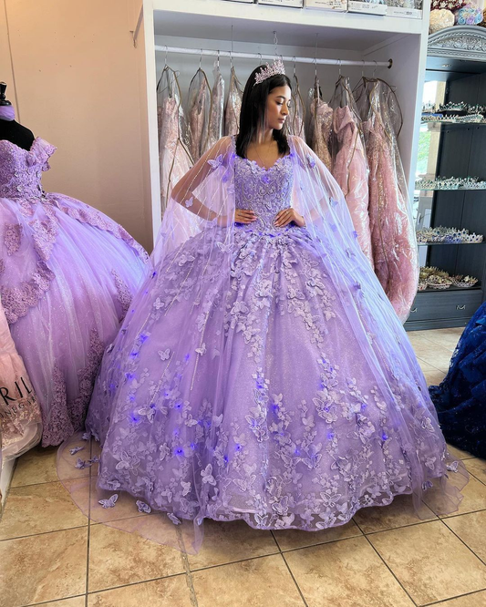 Lilac Quinceanera Dresses Beaded Ball Gown With Cape  Y5211