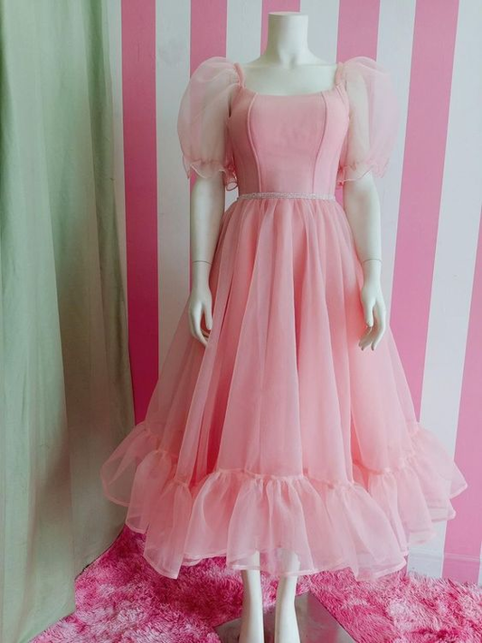 Fashion Pink A-line Prom Dress with Puff Sleeves,Pink Party Dress Y6259