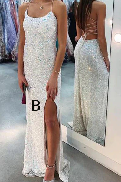 Sparkly Spaghetti Straps Mermaid White Sequin Prom Evening Dress Y8071