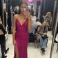 Fuchsia Sequins Mermaid Long Prom Dress with Slit Y6033