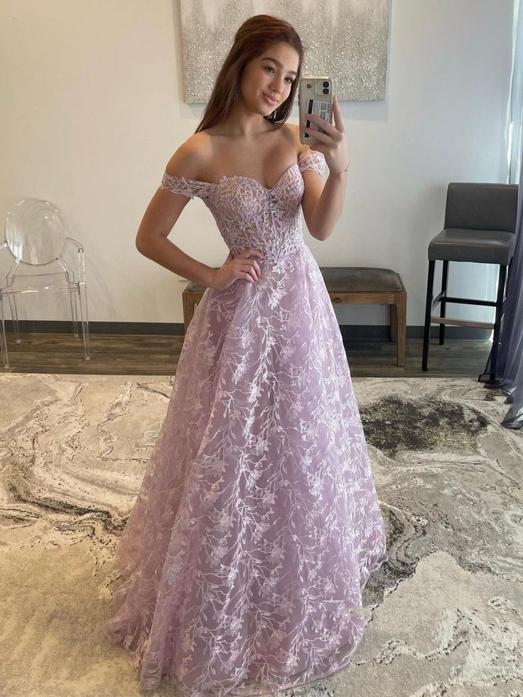 Off Shoulder Lilac Lace Long Prom Dresses, Off the Shoulder Formal Dresses, Lilac Evening Dresses Y5340