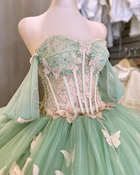 Stunning Green Tulle Princess Dress With Butterflies,Ball Gown,Sweet 15 Dress  Y5462