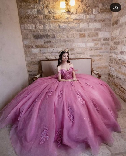 Luxury Dusty Rose Off Shoulder Lace 3D Flower Applique Ball Gown Birthday Party Dress  Y7016