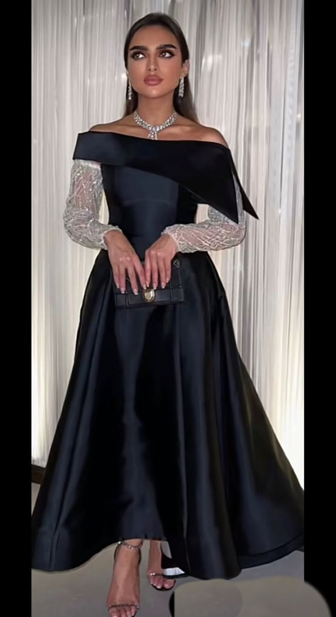 Black A Line Boat Neck Evening Dresses Beads Long Sleeve Floor Length Satin Saudi Arabia Formal Wedding Party Gowns Y4630