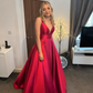 A-Line V Neck Floor-Length Red Evening Dress Y6035